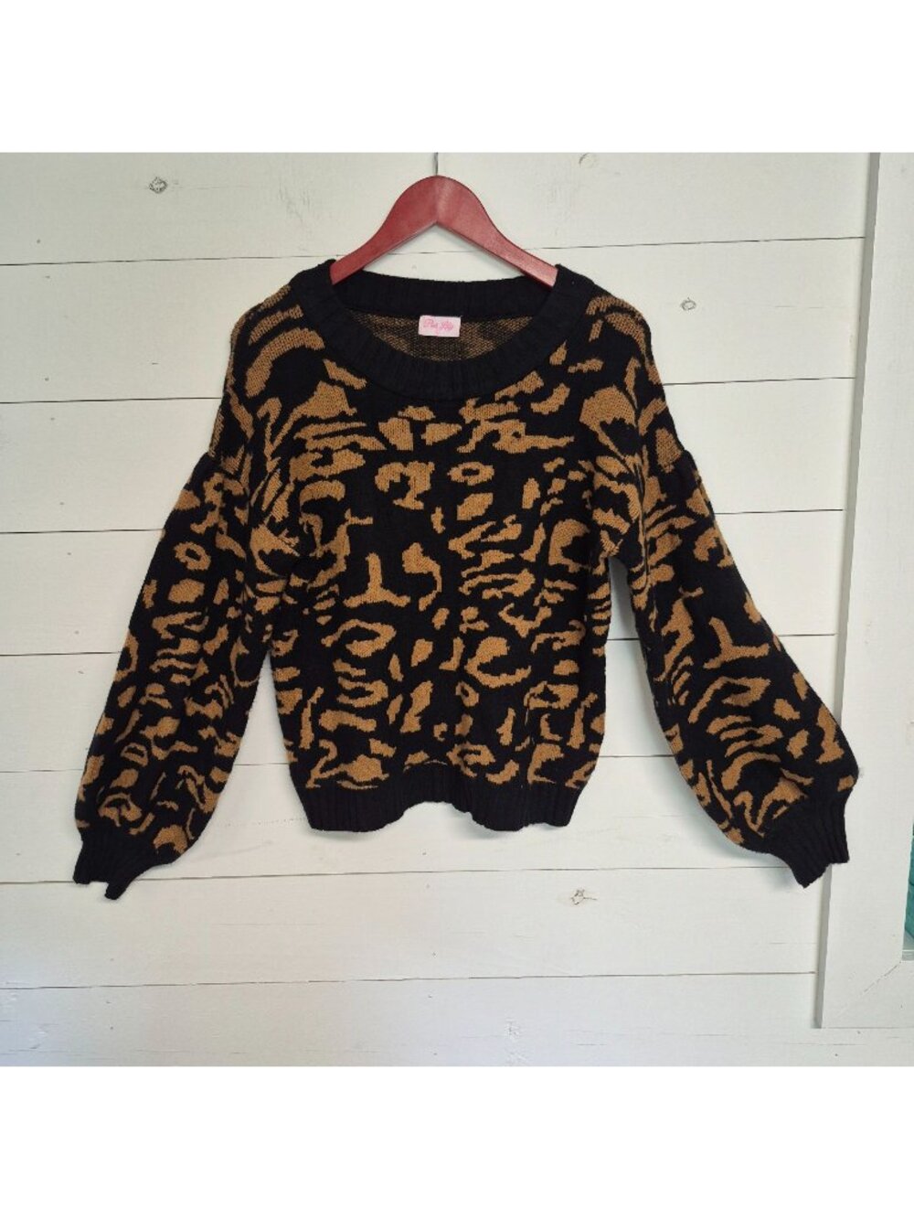 Pink Lily Womens super soft Black & Tan Leopard Print Knit Sweater L